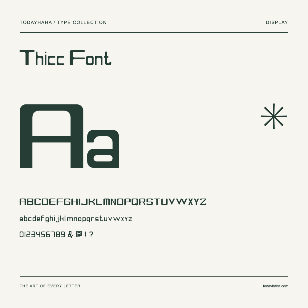 Thicc Font — Font specimen with uppercase and lowercase letters and numbers