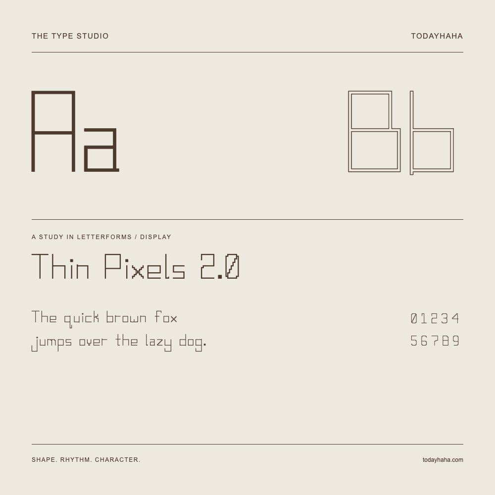 Thin Pixels 2.0 — Buchstabenstudie mit Beispielsatz und Ziffern