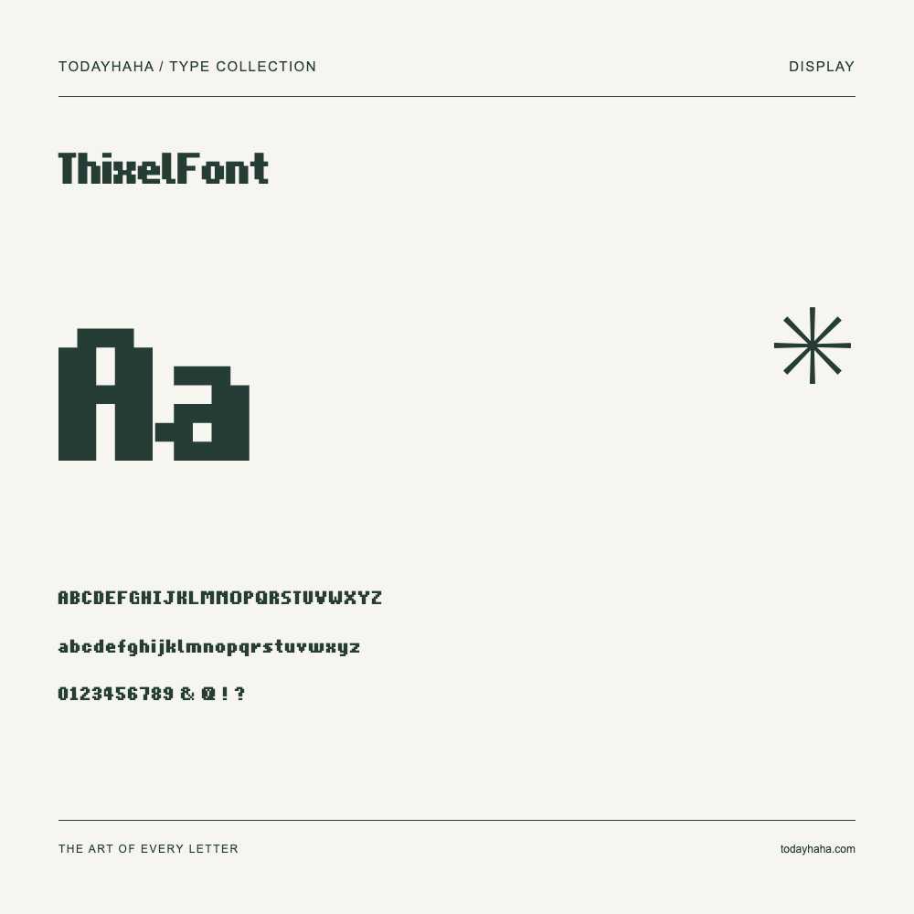 ThixelFont — Spécimen avec majuscules, minuscules et chiffres