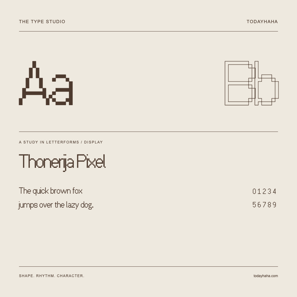Thonerija Pixel — Studio delle lettere con frase e numeri