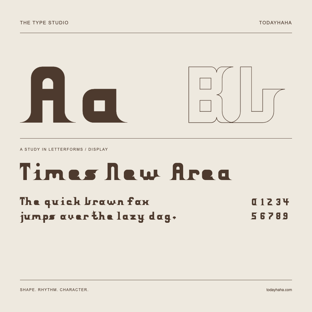 Times New Area — Letterform study with sample sentence and numbers