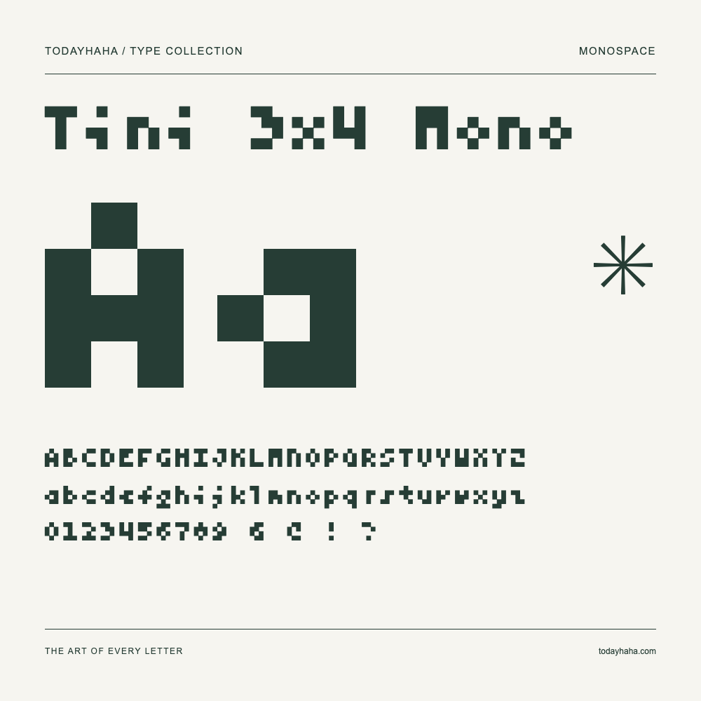 Tini 3x4 Mono — Schriftmuster mit Großbuchstaben, Kleinbuchstaben und Ziffern