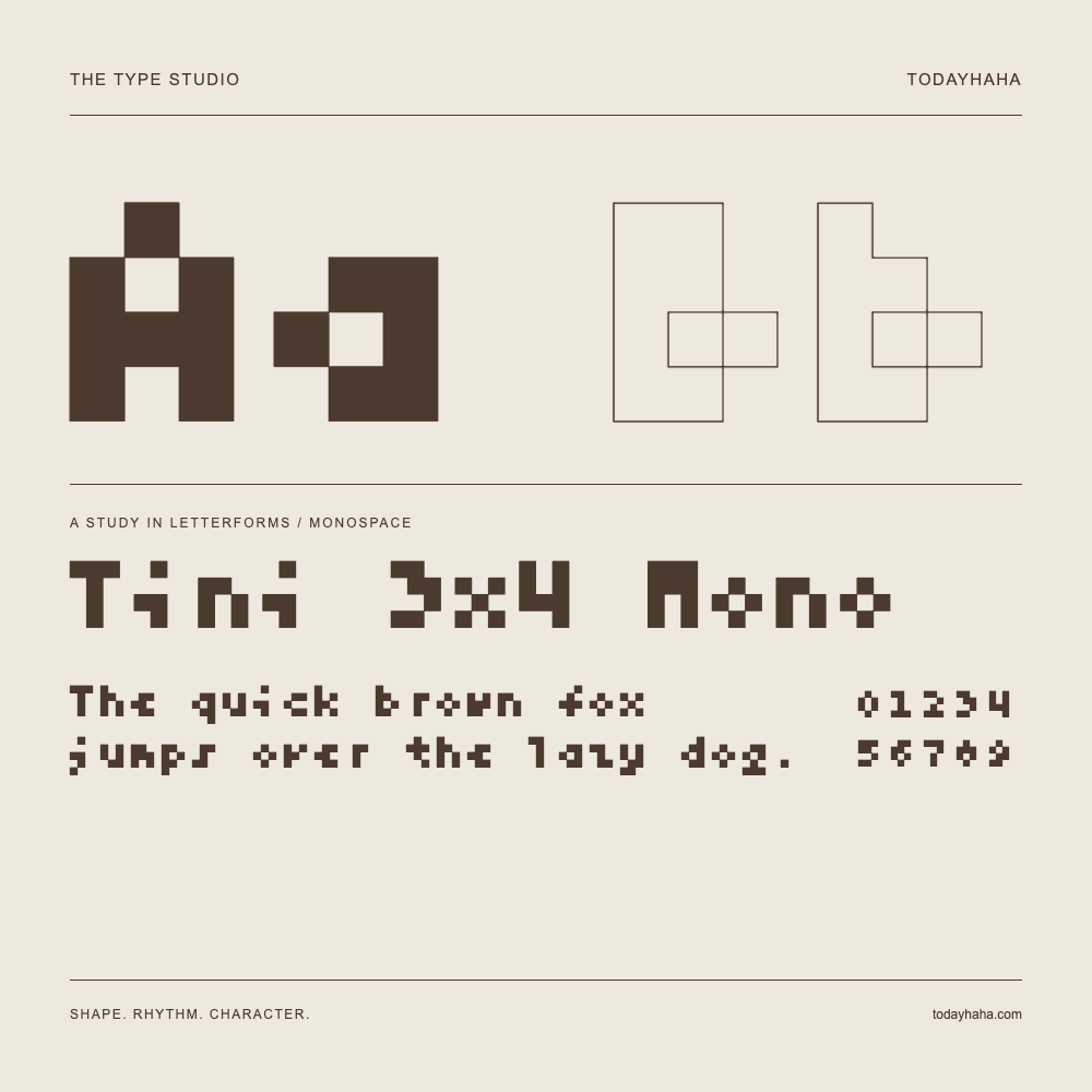 Tini 3x4 Mono — Buchstabenstudie mit Beispielsatz und Ziffern