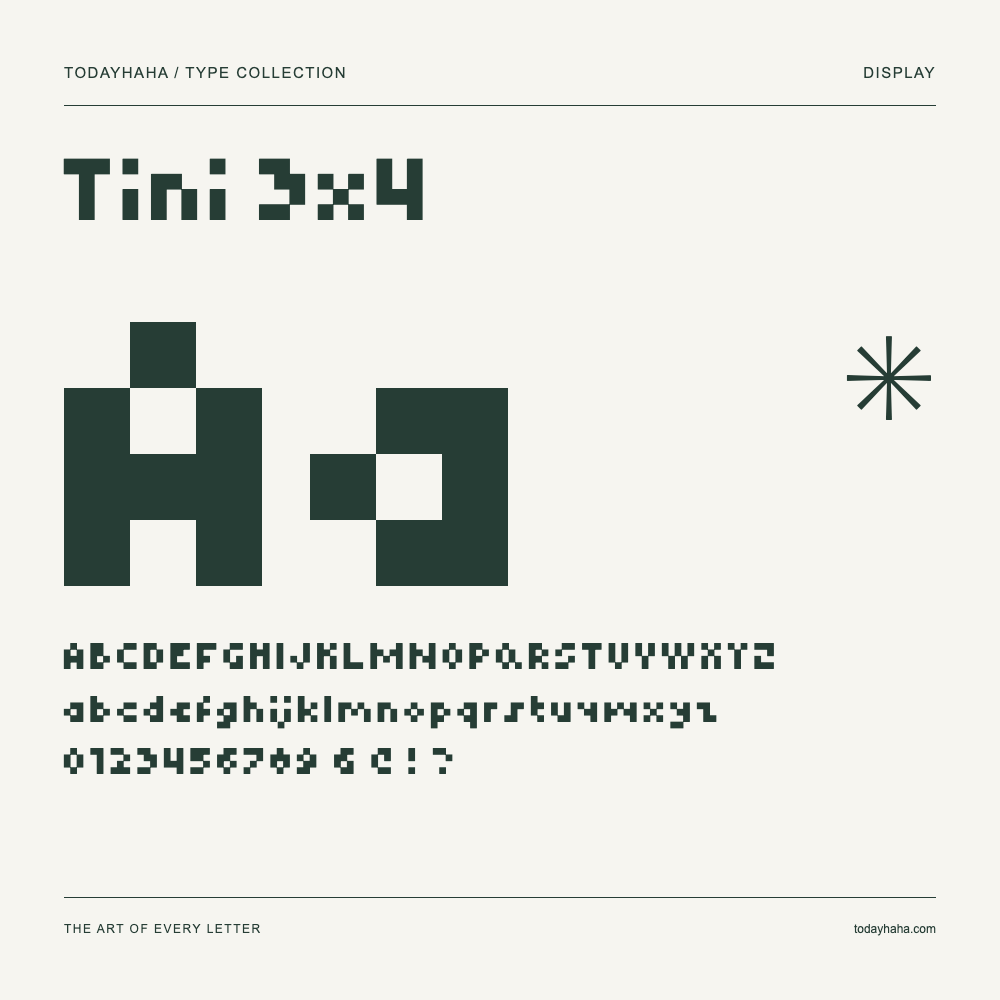Tini 3x4 — Spécimen avec majuscules, minuscules et chiffres
