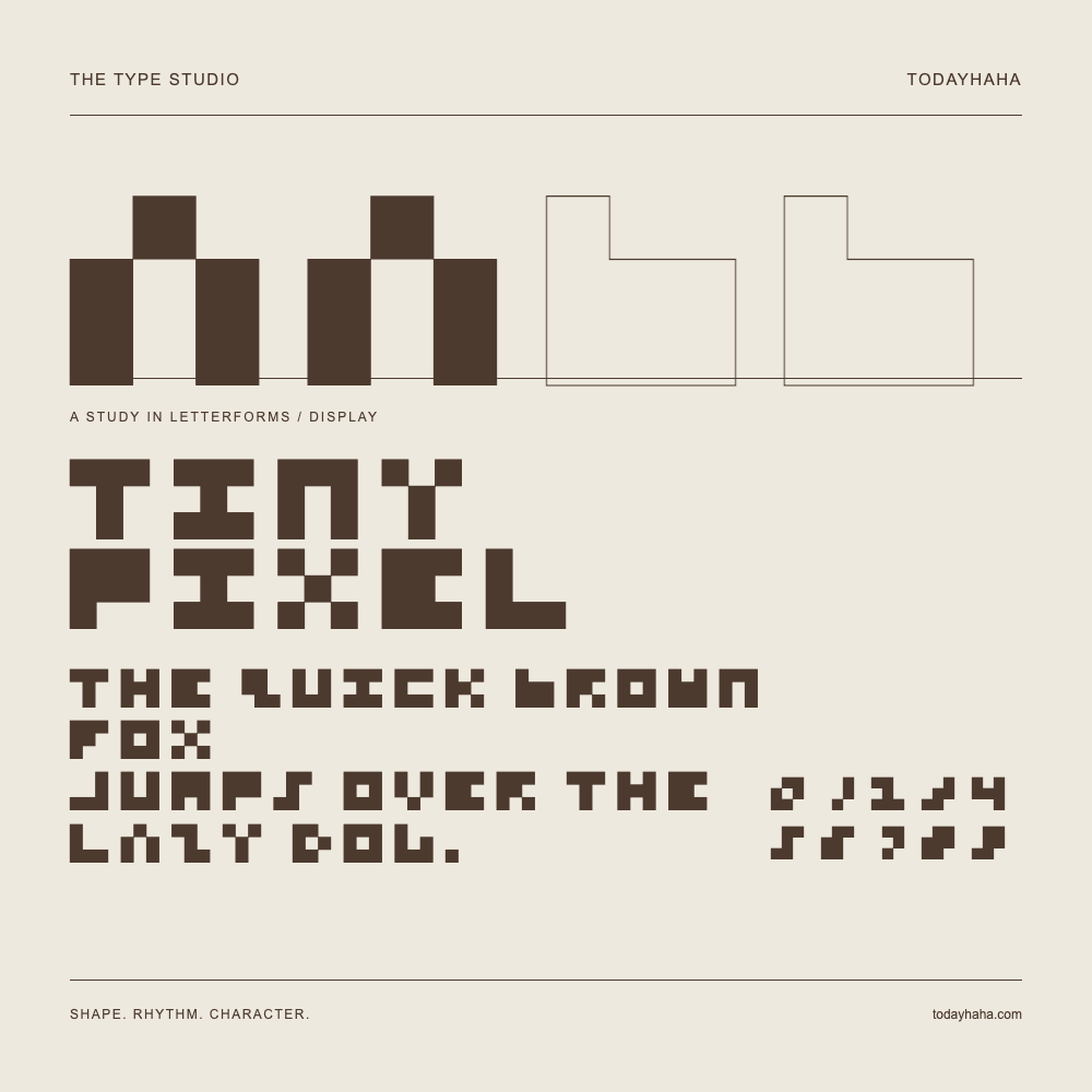 tiny pixel — Buchstabenstudie mit Beispielsatz und Ziffern