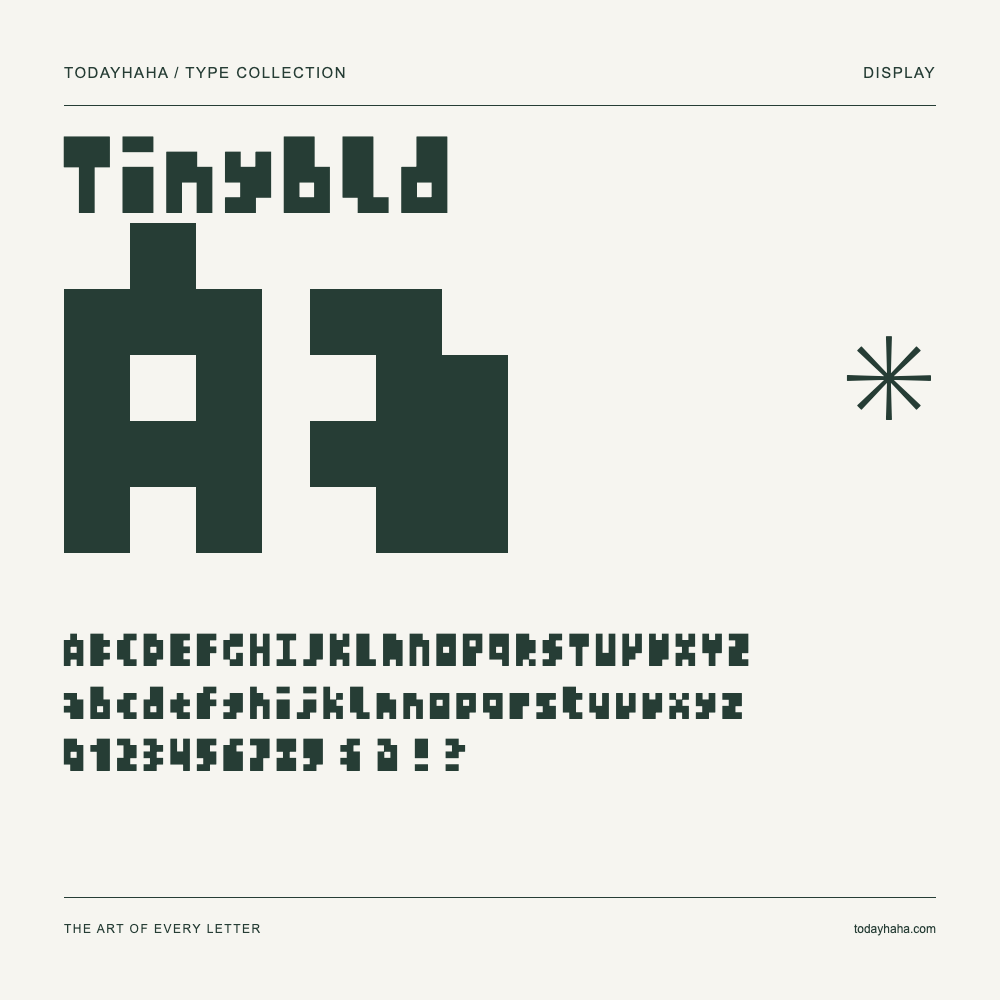 Tinybld — Schriftmuster mit Großbuchstaben, Kleinbuchstaben und Ziffern