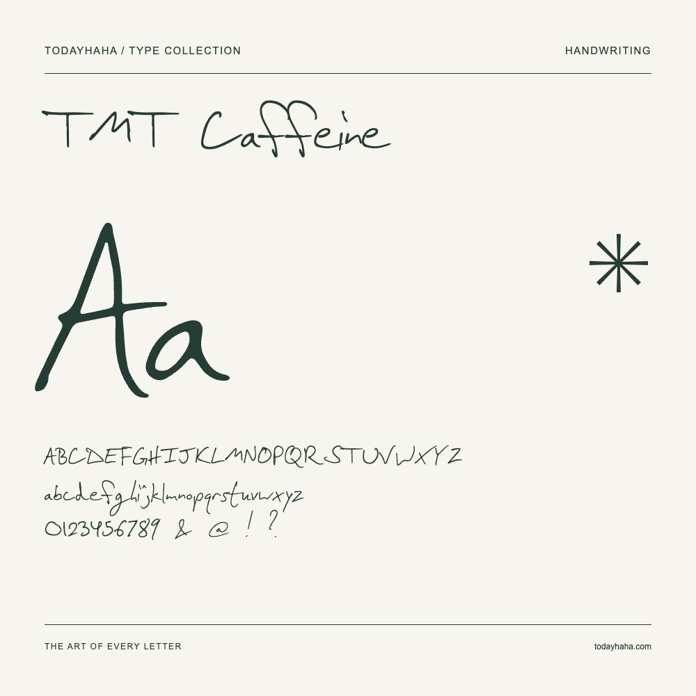 TMT Caffeine — Schriftmuster mit Großbuchstaben, Kleinbuchstaben und Ziffern