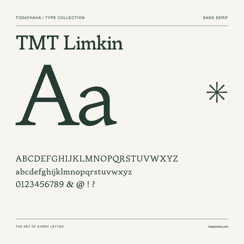 TMT Limkin — Schriftmuster mit Großbuchstaben, Kleinbuchstaben und Ziffern