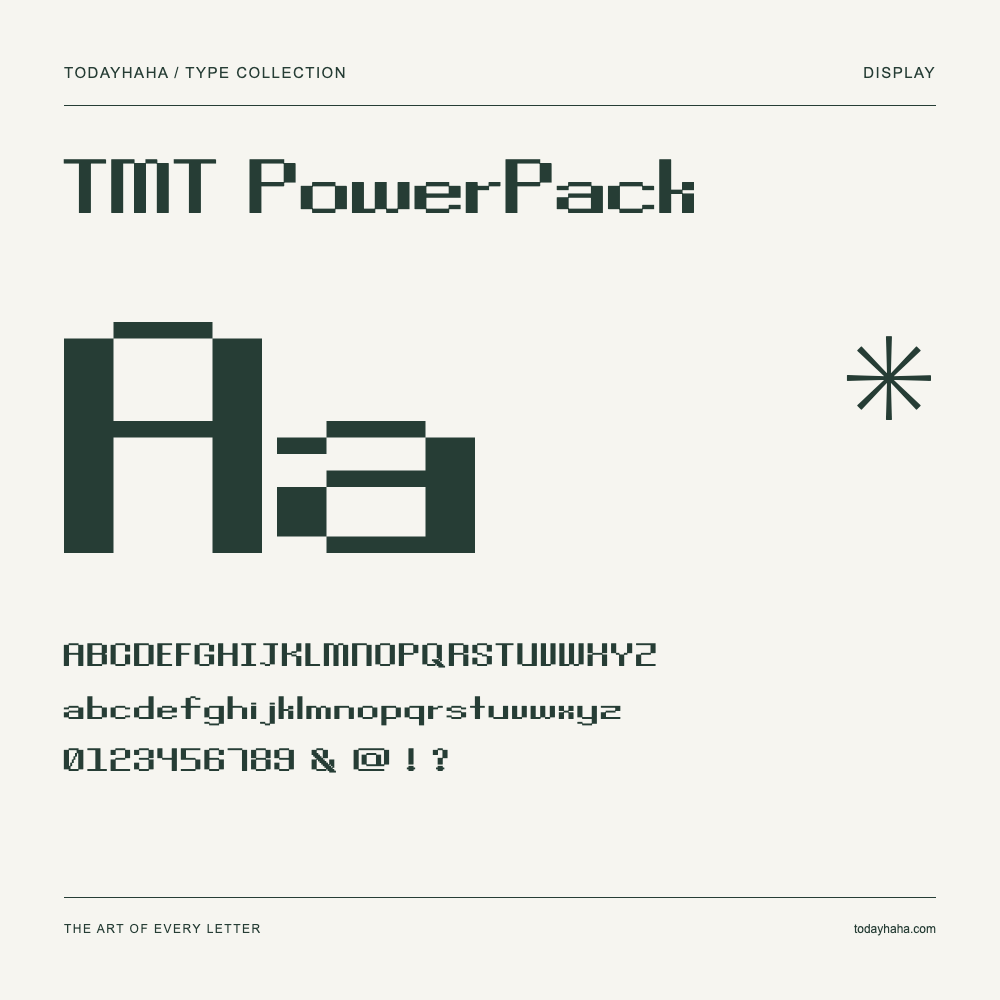 TMT PowerPack — Font specimen with uppercase and lowercase letters and numbers