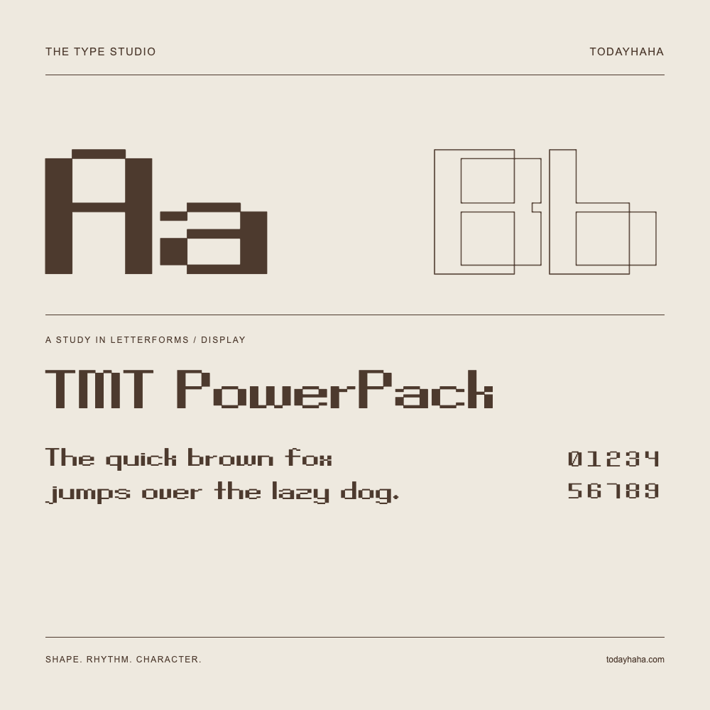 TMT PowerPack — Letterform study with sample sentence and numbers