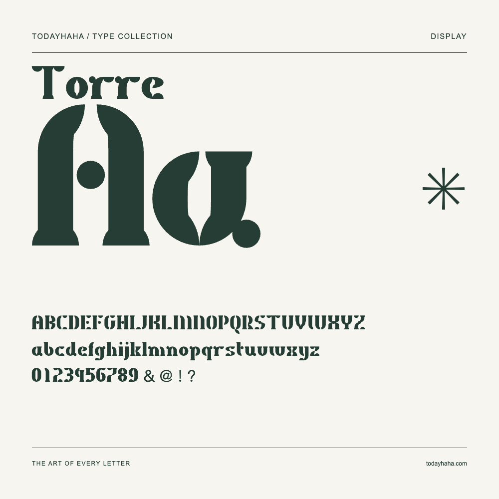 Torre — Spécimen avec majuscules, minuscules et chiffres