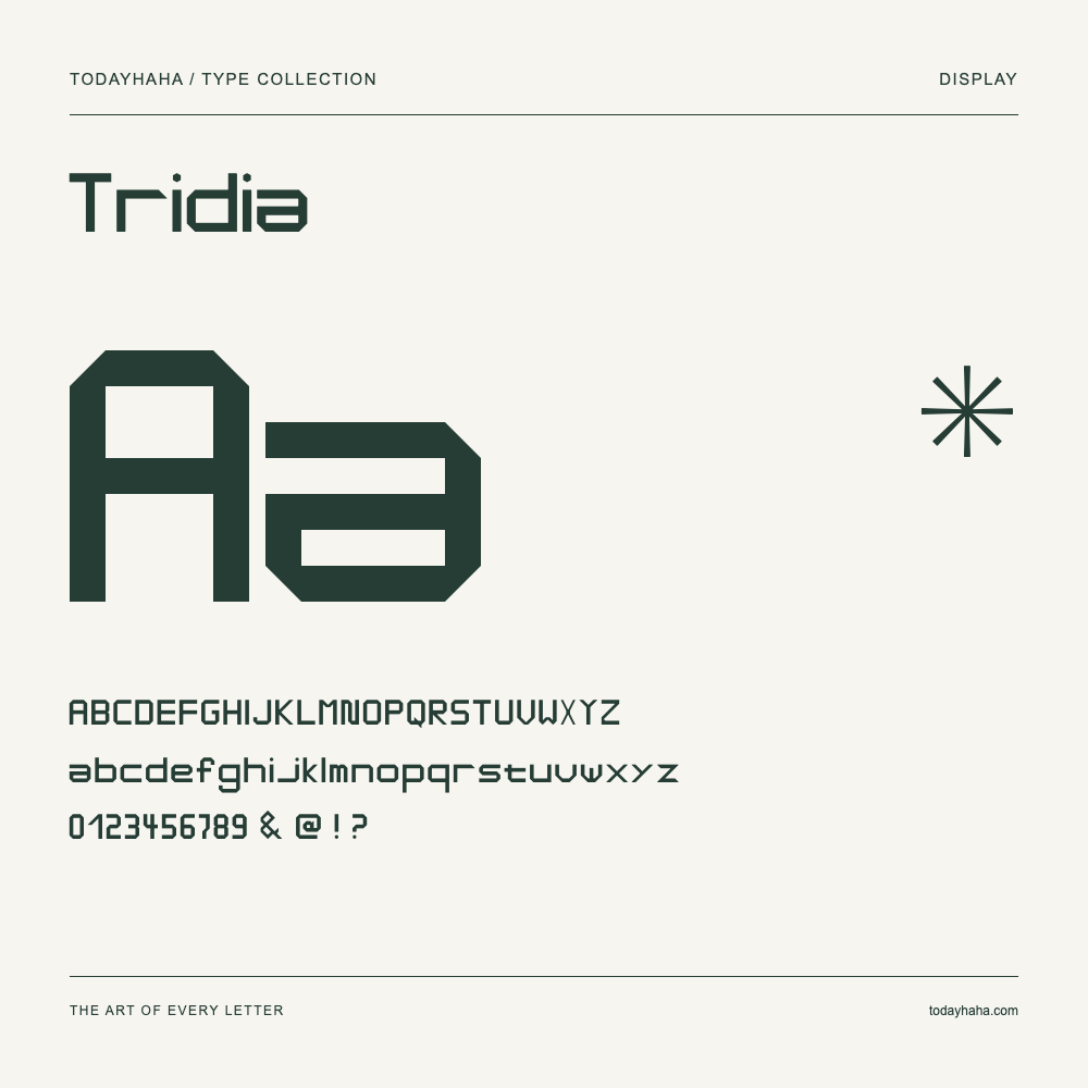 Tridia — Font specimen with uppercase and lowercase letters and numbers