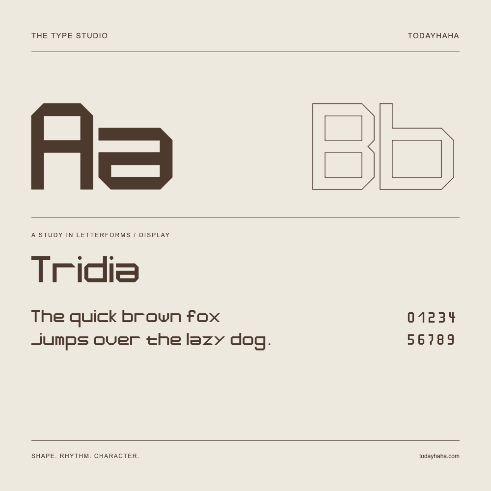 Tridia — Letterform study with sample sentence and numbers
