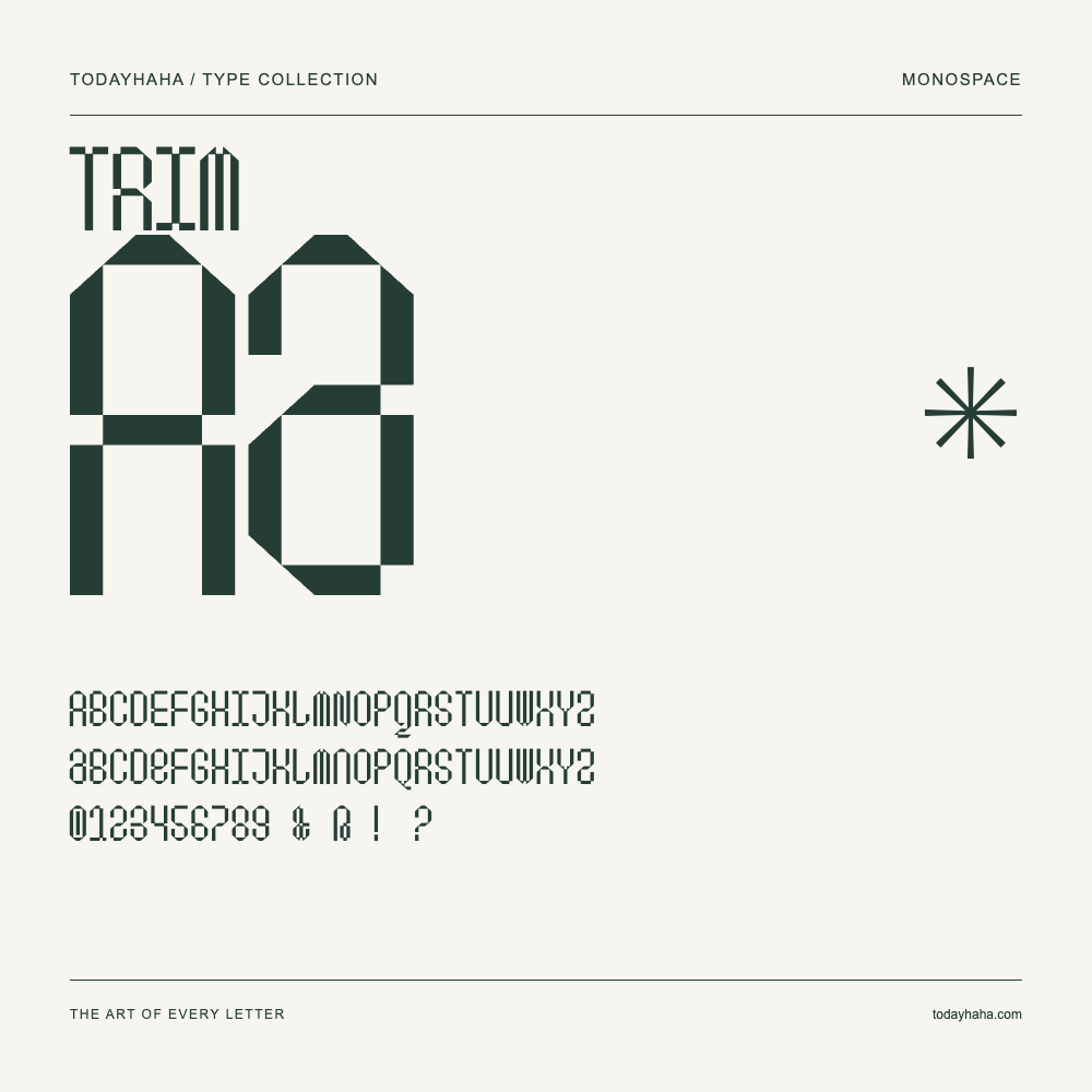 Trim — Font specimen with uppercase and lowercase letters and numbers