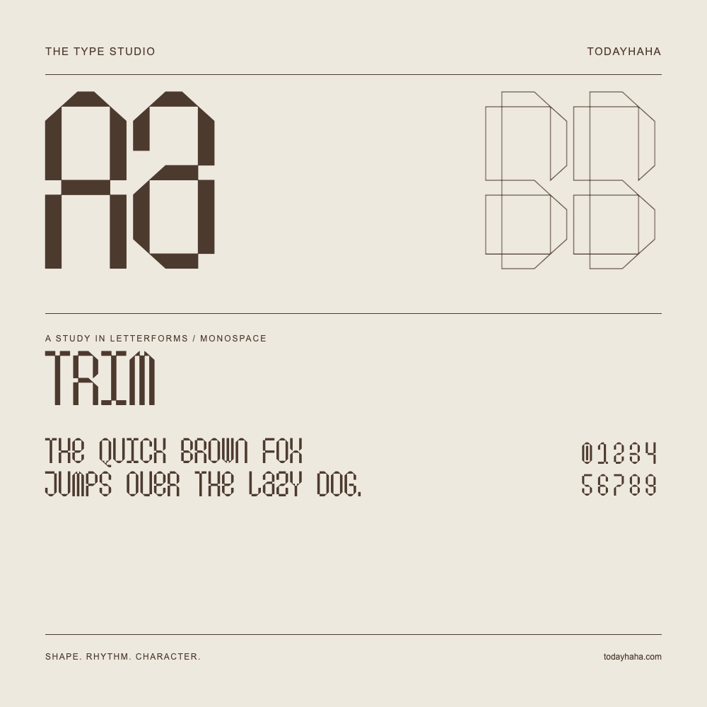 Trim — Letterform study with sample sentence and numbers