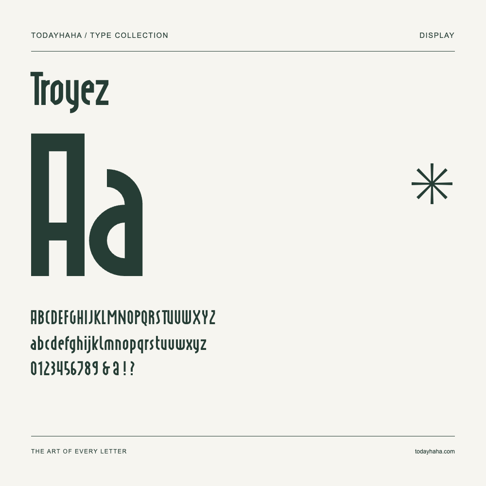 Troyez — Schriftmuster mit Großbuchstaben, Kleinbuchstaben und Ziffern