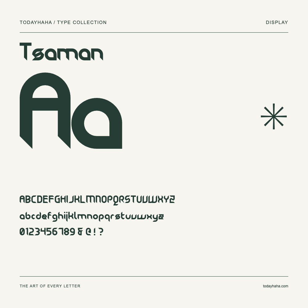 Tsaman — Font specimen with uppercase and lowercase letters and numbers