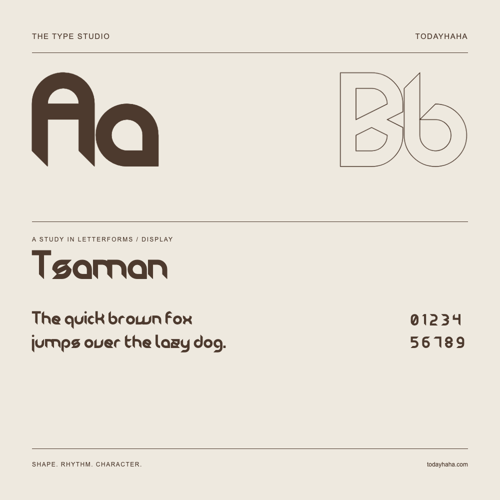 Tsaman — Letterform study with sample sentence and numbers