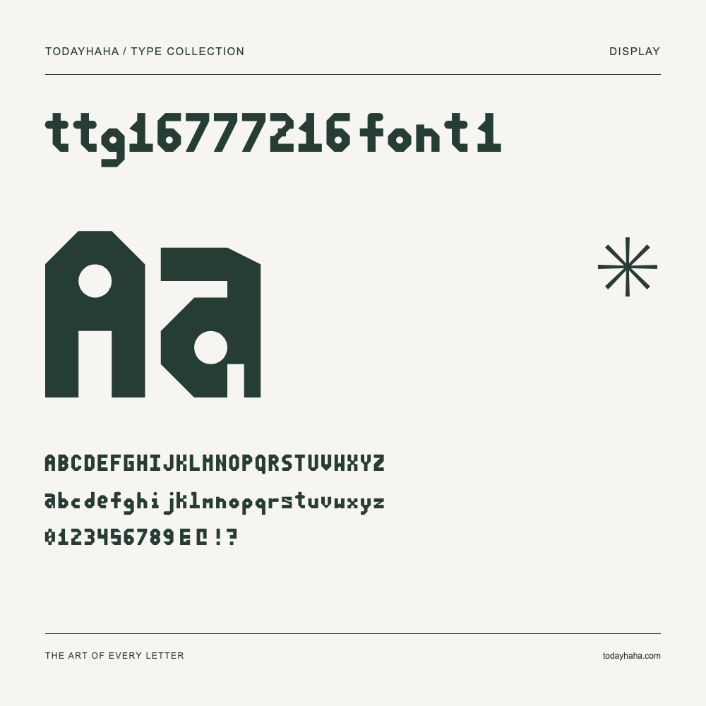 ttg16777216 font 1 — Schriftmuster mit Großbuchstaben, Kleinbuchstaben und Ziffern