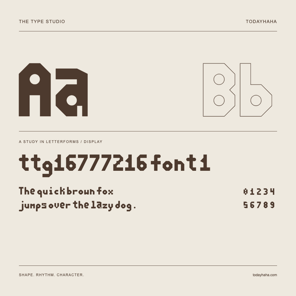ttg16777216 font 1 — Buchstabenstudie mit Beispielsatz und Ziffern