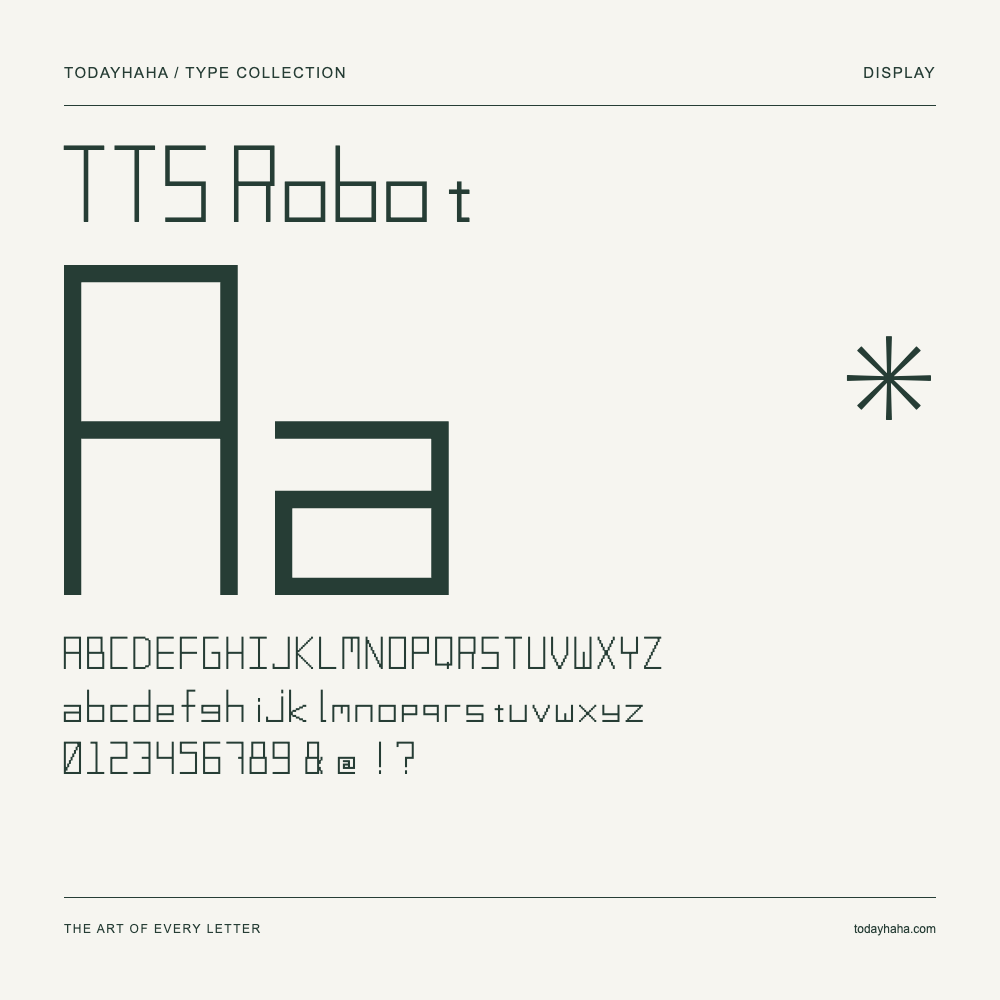 TTS Robot — Schriftmuster mit Großbuchstaben, Kleinbuchstaben und Ziffern