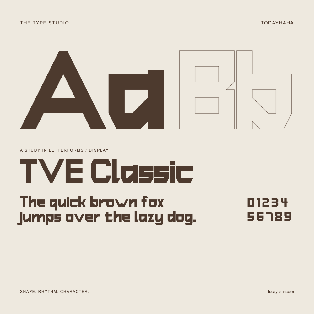 TVE Classic — Letterform study with sample sentence and numbers