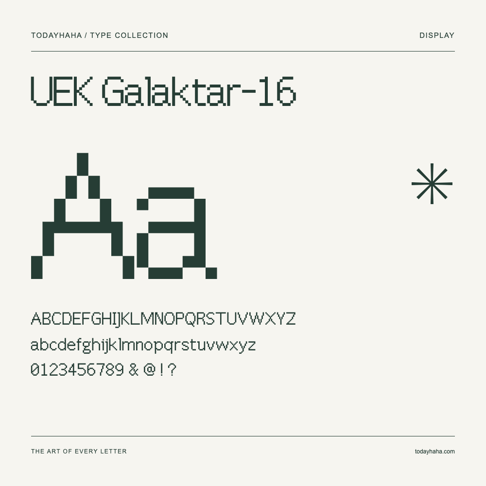 UEK Galaktar-16 — Font specimen with uppercase and lowercase letters and numbers
