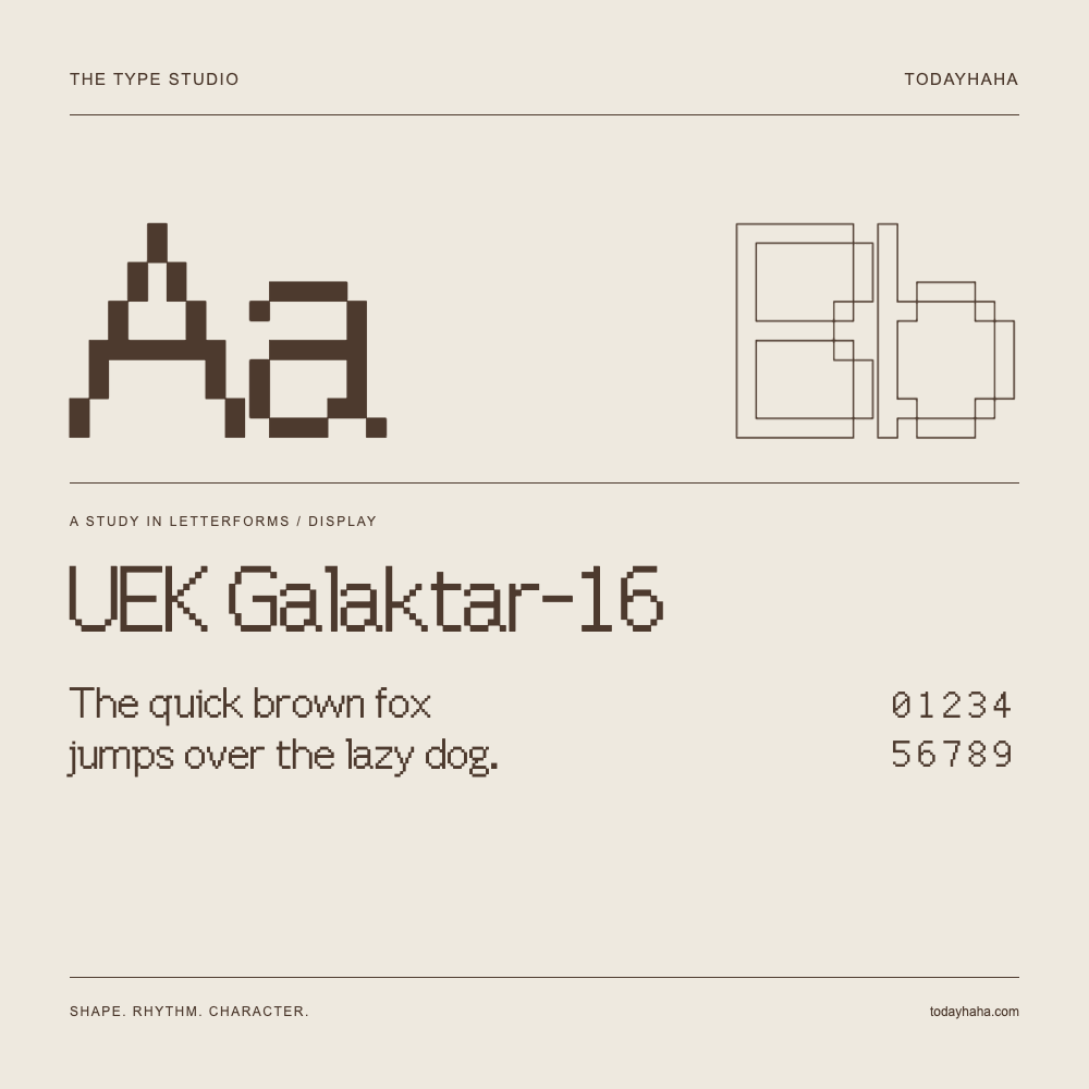 UEK Galaktar-16 — Letterform study with sample sentence and numbers