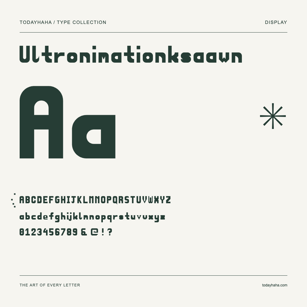 Ultronimationksaawn — Font specimen with uppercase and lowercase letters and numbers