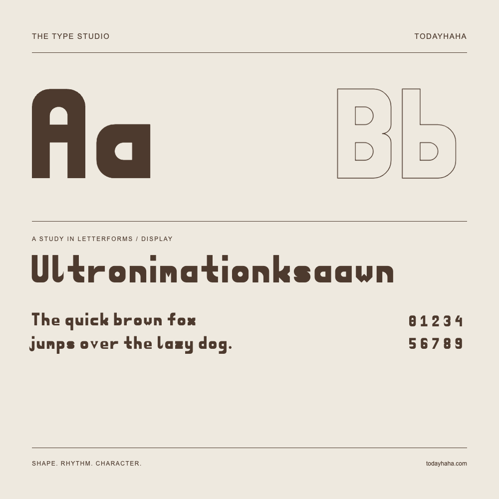 Ultronimationksaawn — Letterform study with sample sentence and numbers