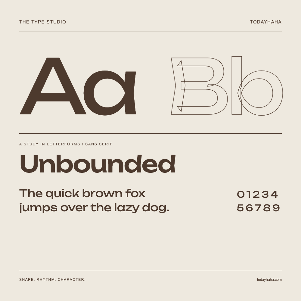 Unbounded — Letterform study with sample sentence and numbers