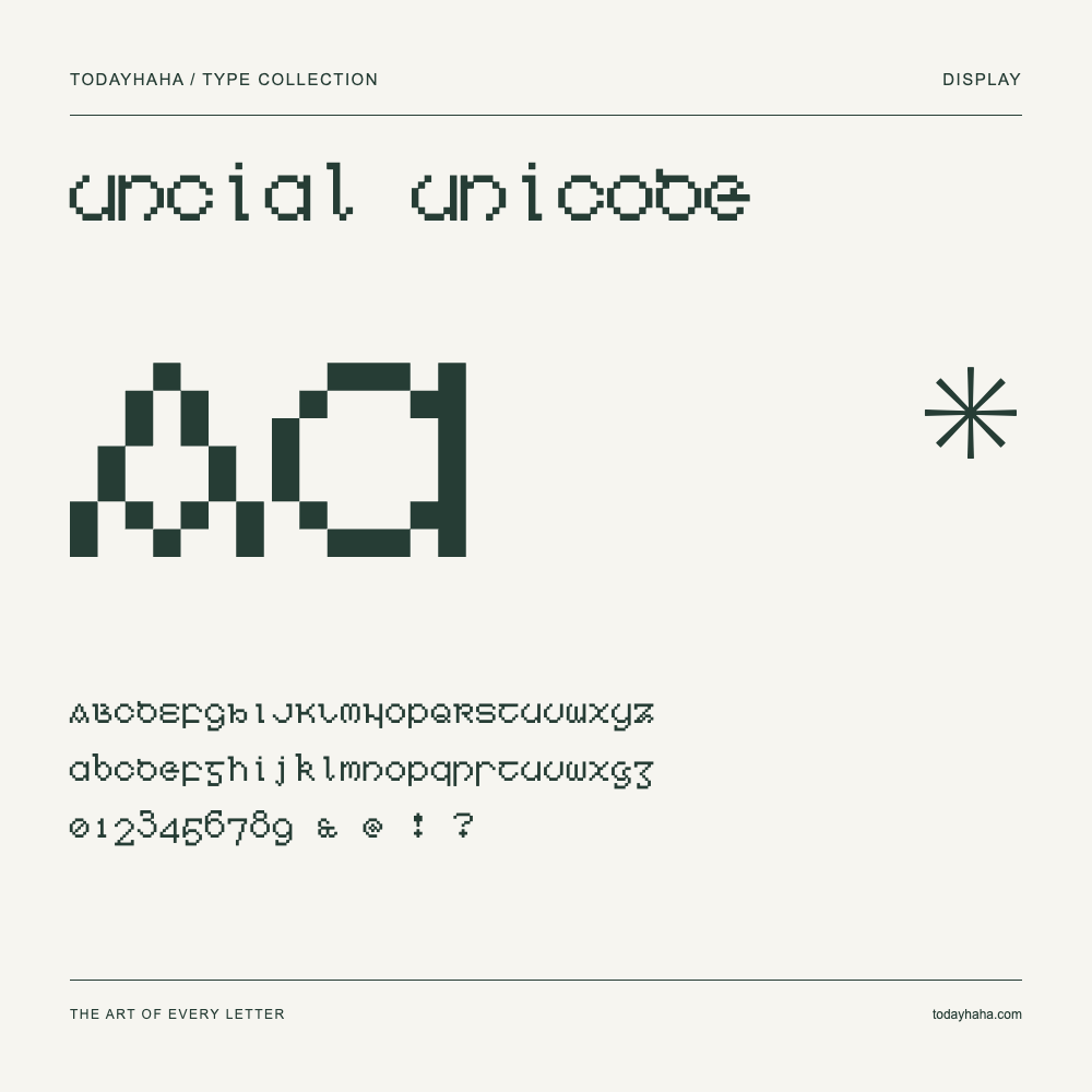 Uncial Unicode — Schriftmuster mit Großbuchstaben, Kleinbuchstaben und Ziffern