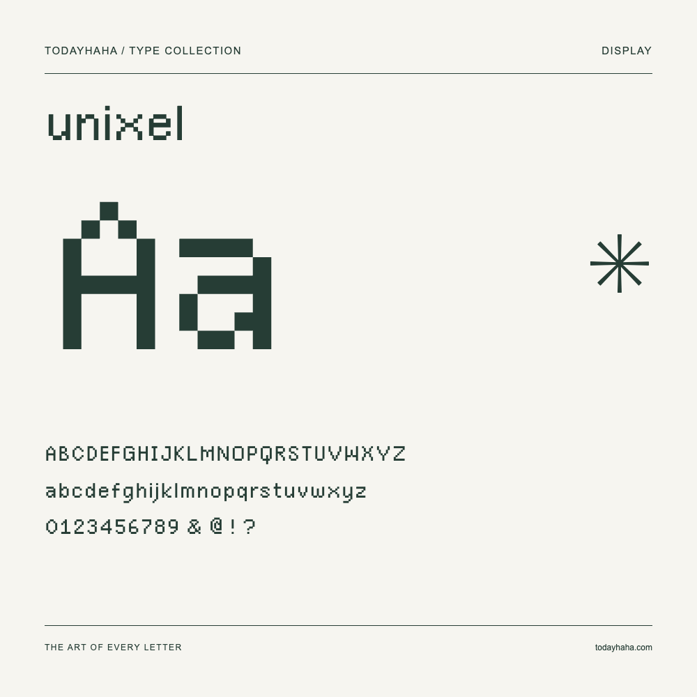 unixel — Spécimen avec majuscules, minuscules et chiffres