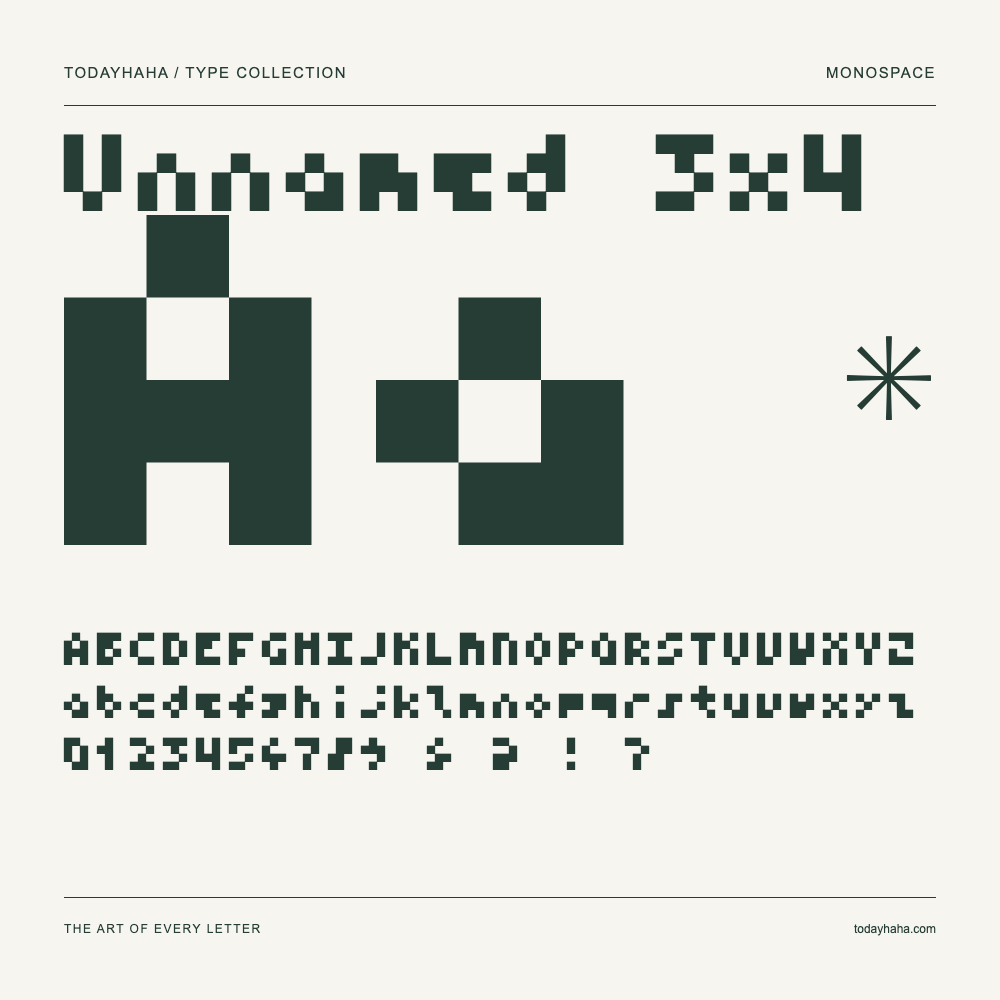 Unnamed 3x4 — Font specimen with uppercase and lowercase letters and numbers