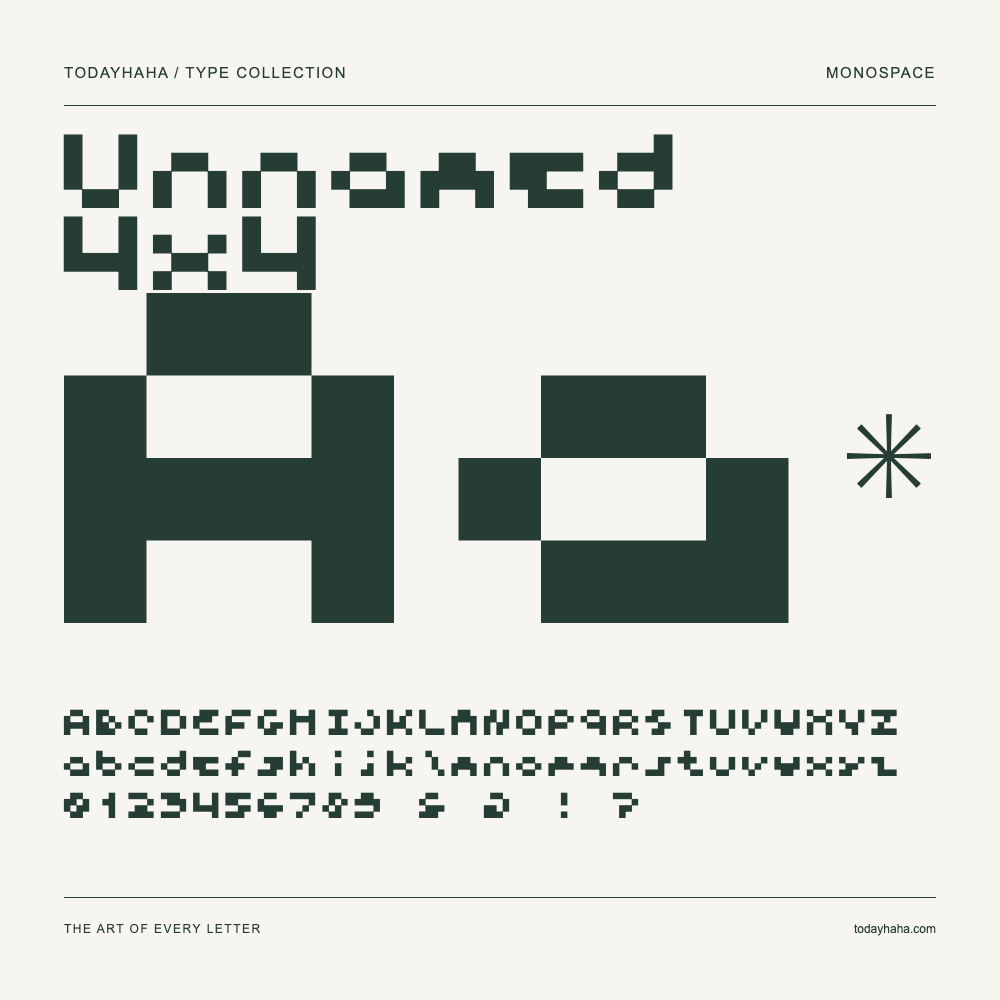 Unnamed 4x4 — Font specimen with uppercase and lowercase letters and numbers