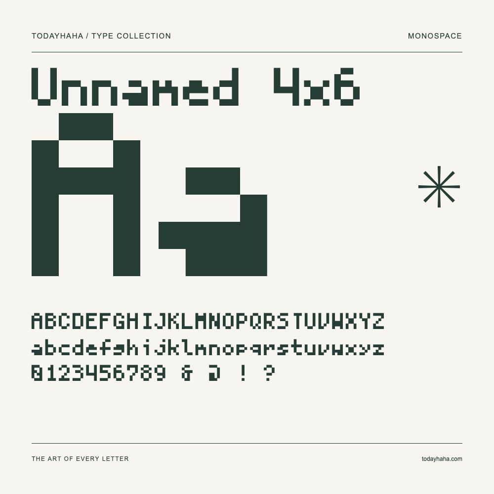 Unnamed 4x6 — Schriftmuster mit Großbuchstaben, Kleinbuchstaben und Ziffern