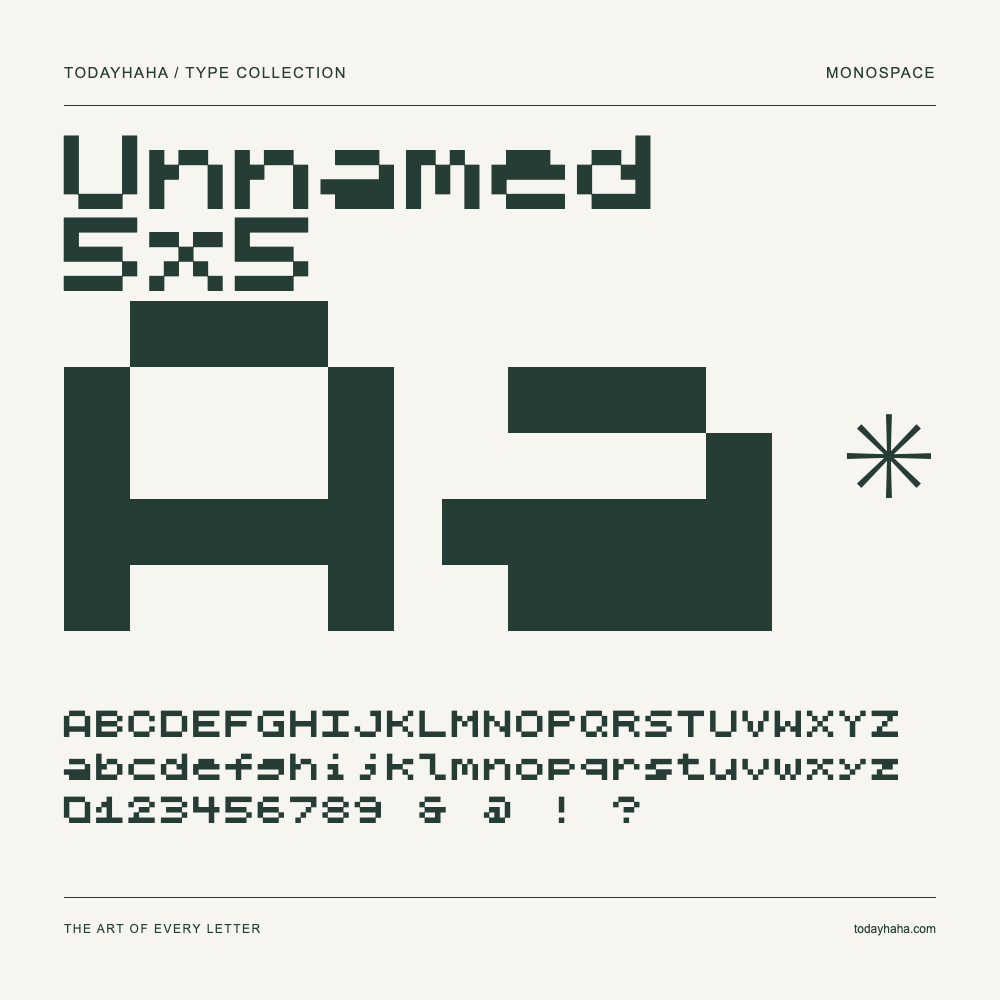 Unnamed 5x5 — Font specimen with uppercase and lowercase letters and numbers