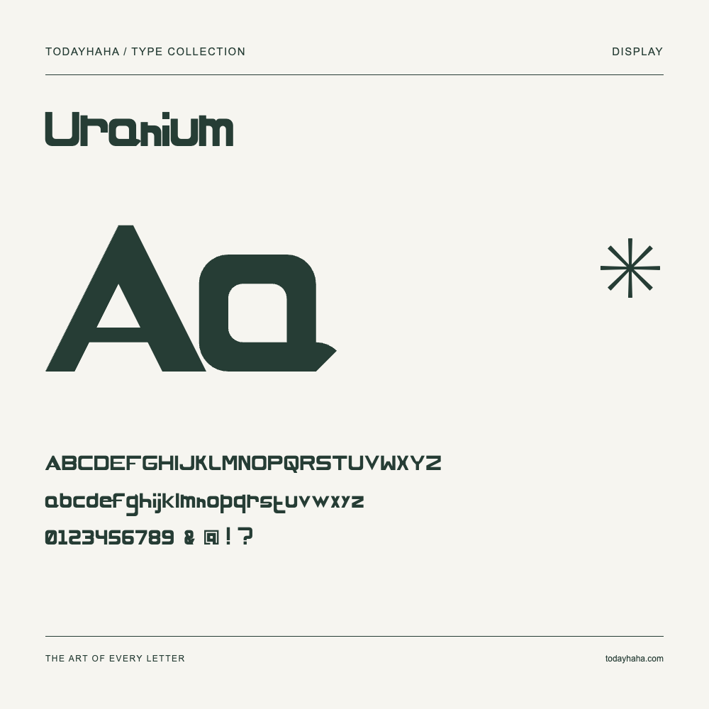 Uranium — Schriftmuster mit Großbuchstaben, Kleinbuchstaben und Ziffern