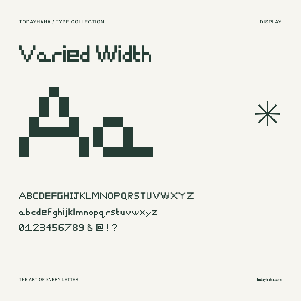 Varied Width — Schriftmuster mit Großbuchstaben, Kleinbuchstaben und Ziffern