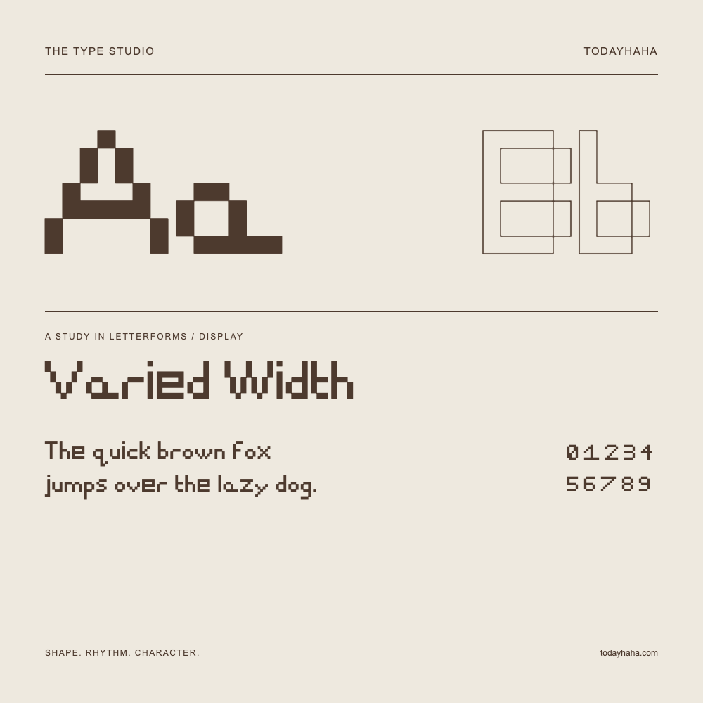 Varied Width — Buchstabenstudie mit Beispielsatz und Ziffern