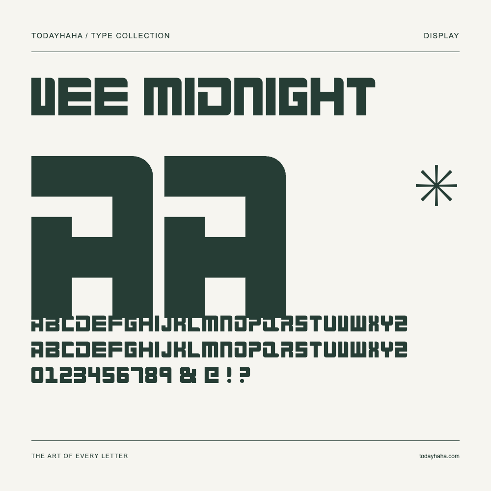 Vee Midnight — Font specimen with uppercase and lowercase letters and numbers