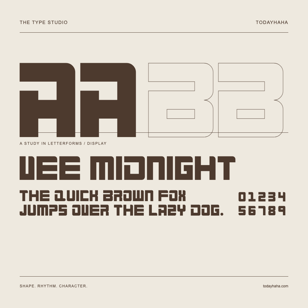 Vee Midnight — Letterform study with sample sentence and numbers