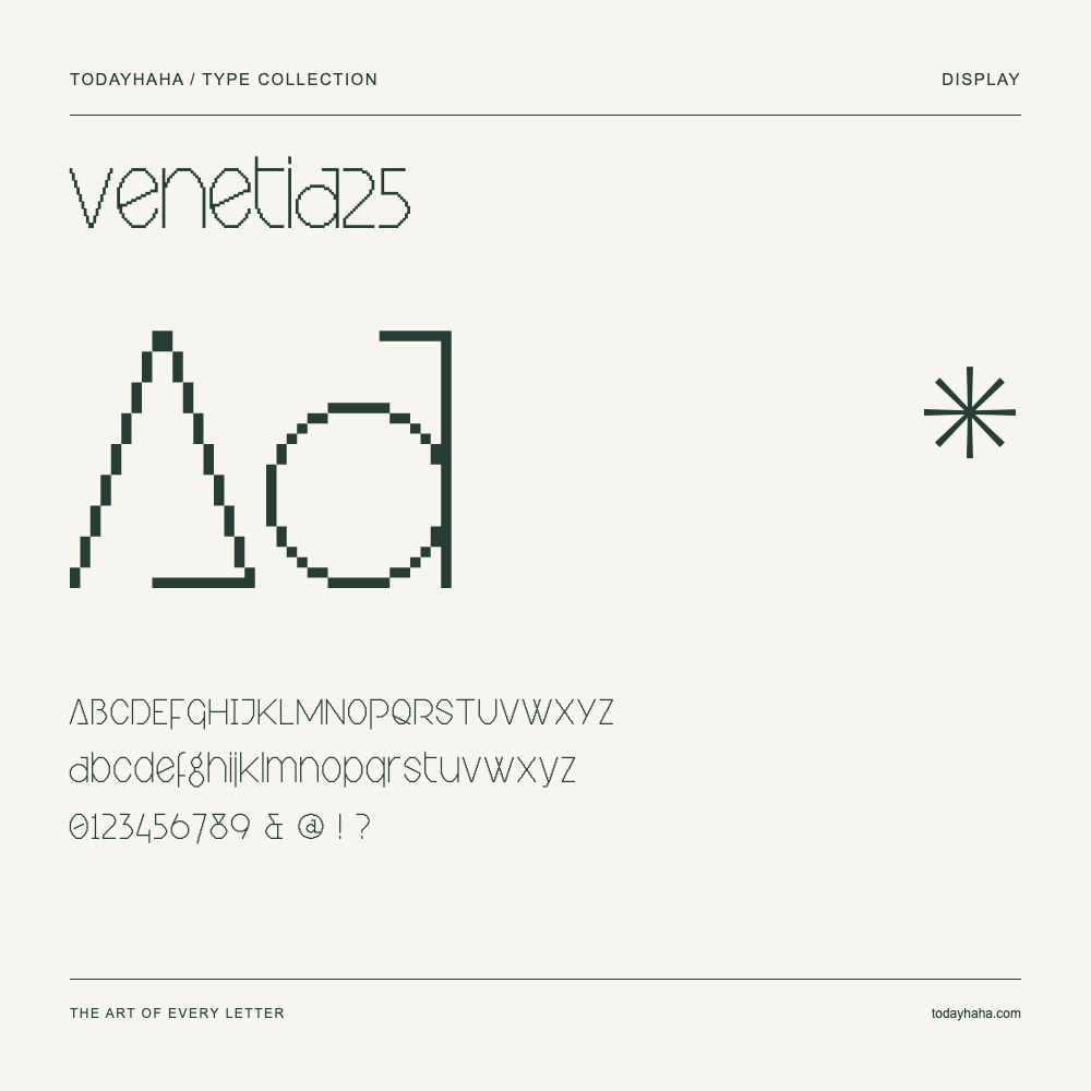 Venetia25 — Schriftmuster mit Großbuchstaben, Kleinbuchstaben und Ziffern
