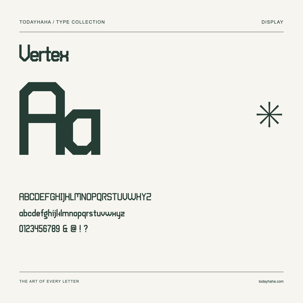 Vertex — Font specimen with uppercase and lowercase letters and numbers