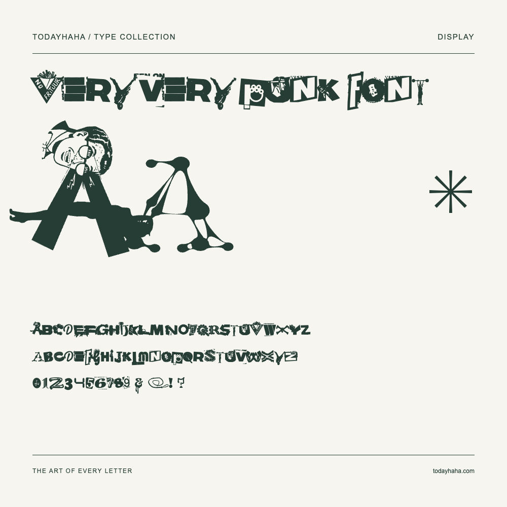 Very very punk font — Font specimen with uppercase and lowercase letters and numbers