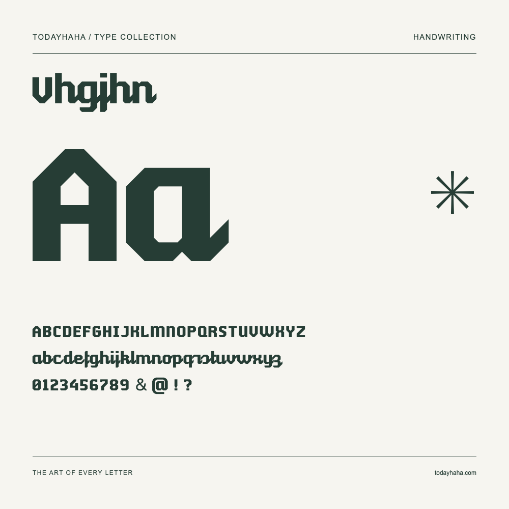 Vhgjhn — Spécimen avec majuscules, minuscules et chiffres