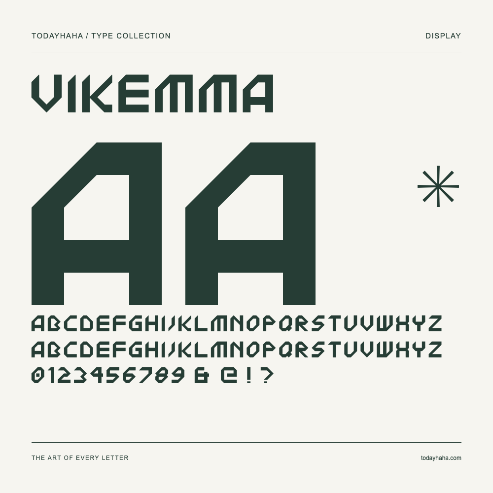Vikemma — Schriftmuster mit Großbuchstaben, Kleinbuchstaben und Ziffern