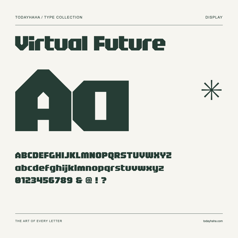 Virtual Future — Font specimen with uppercase and lowercase letters and numbers