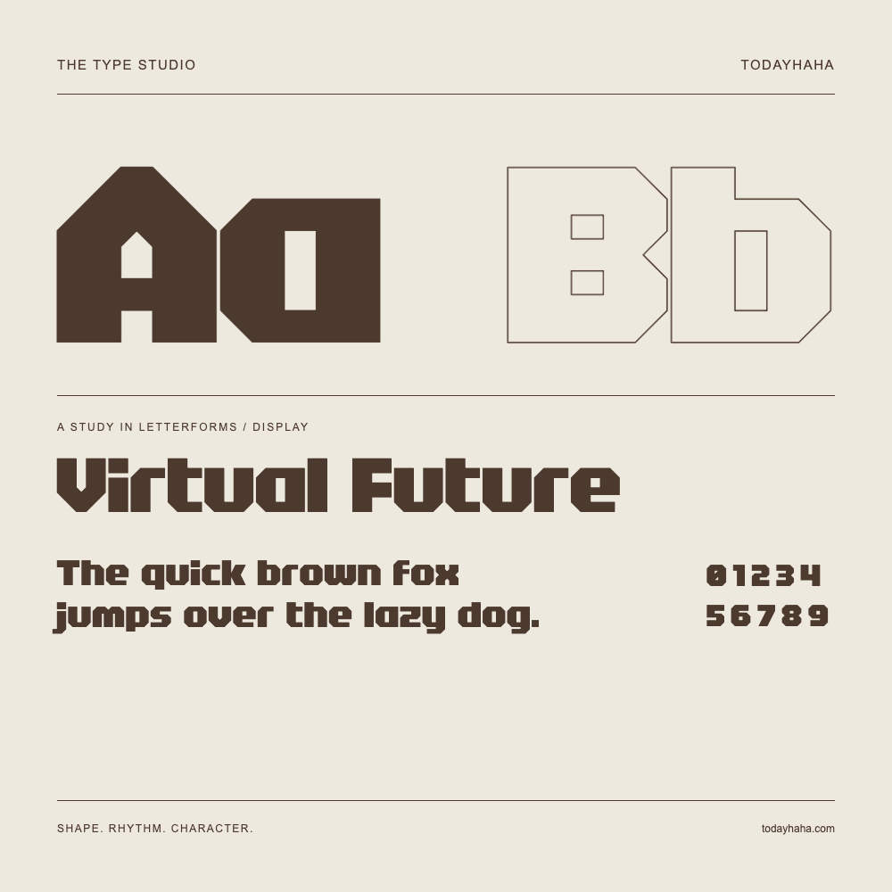 Virtual Future — Letterform study with sample sentence and numbers