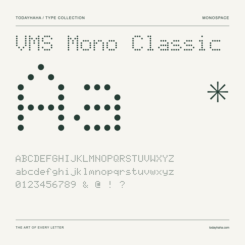 VMS Mono Classic — Schriftmuster mit Großbuchstaben, Kleinbuchstaben und Ziffern